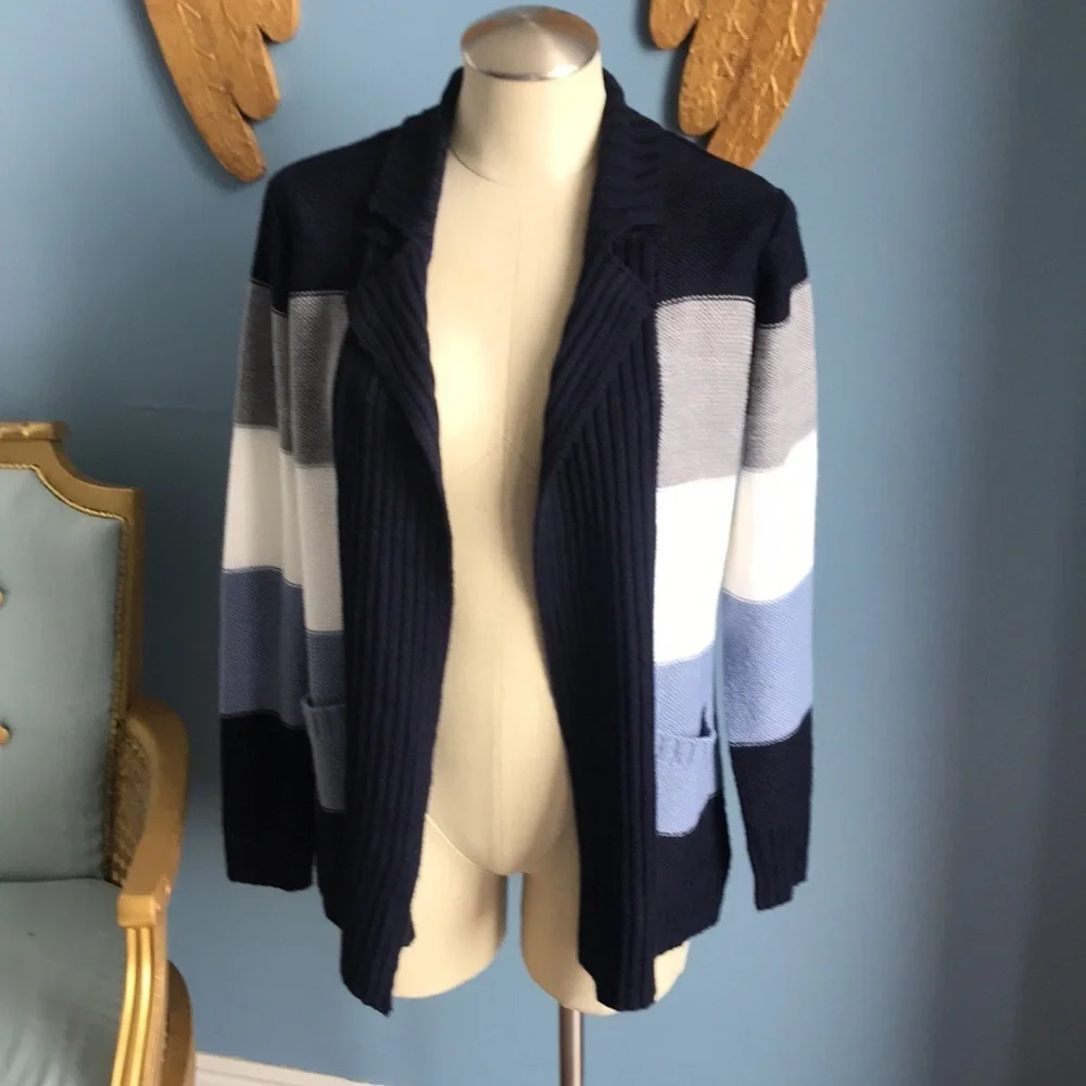 Jason Maxwell color block blue, white, gray fall winter open cardigan sweater S